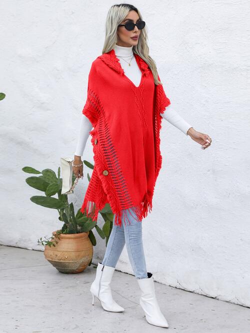 Fringe Trim Buttoned Hooded Poncho-Teresa's Fashionista LLC