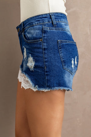 Spliced Lace Distressed Denim Shorts-Teresa's Fashionista LLC