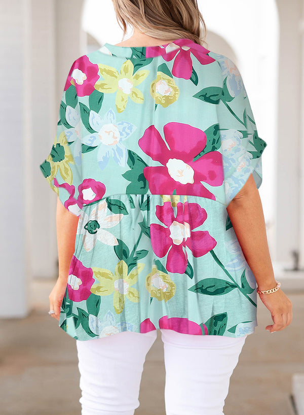 Plus Size Printed Notched Neck Half Sleeve Top-Teresa's Fashionista LLC