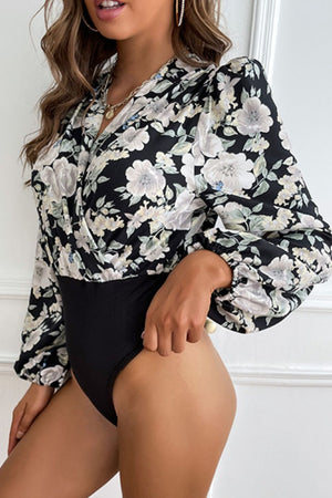 Floral Surplice Neck Puff Sleeve Bodysuit-Teresa's Fashionista LLC