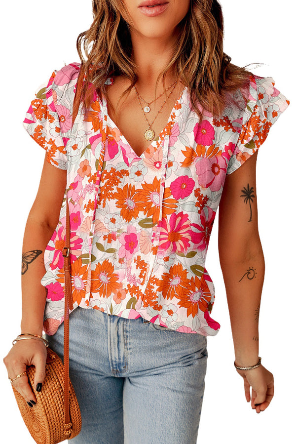 Floral Tie Neck Flutter Sleeve Blouse-Teresa's Fashionista LLC