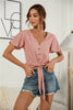 Decorative Button V-Neck Tied Blouse-Teresa's Fashionista LLC
