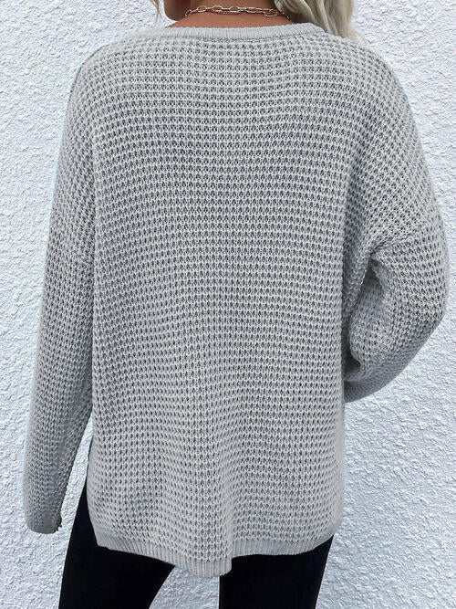 Notched Long Sleeve Sweater-Teresa&#39;s Fashionista LLC