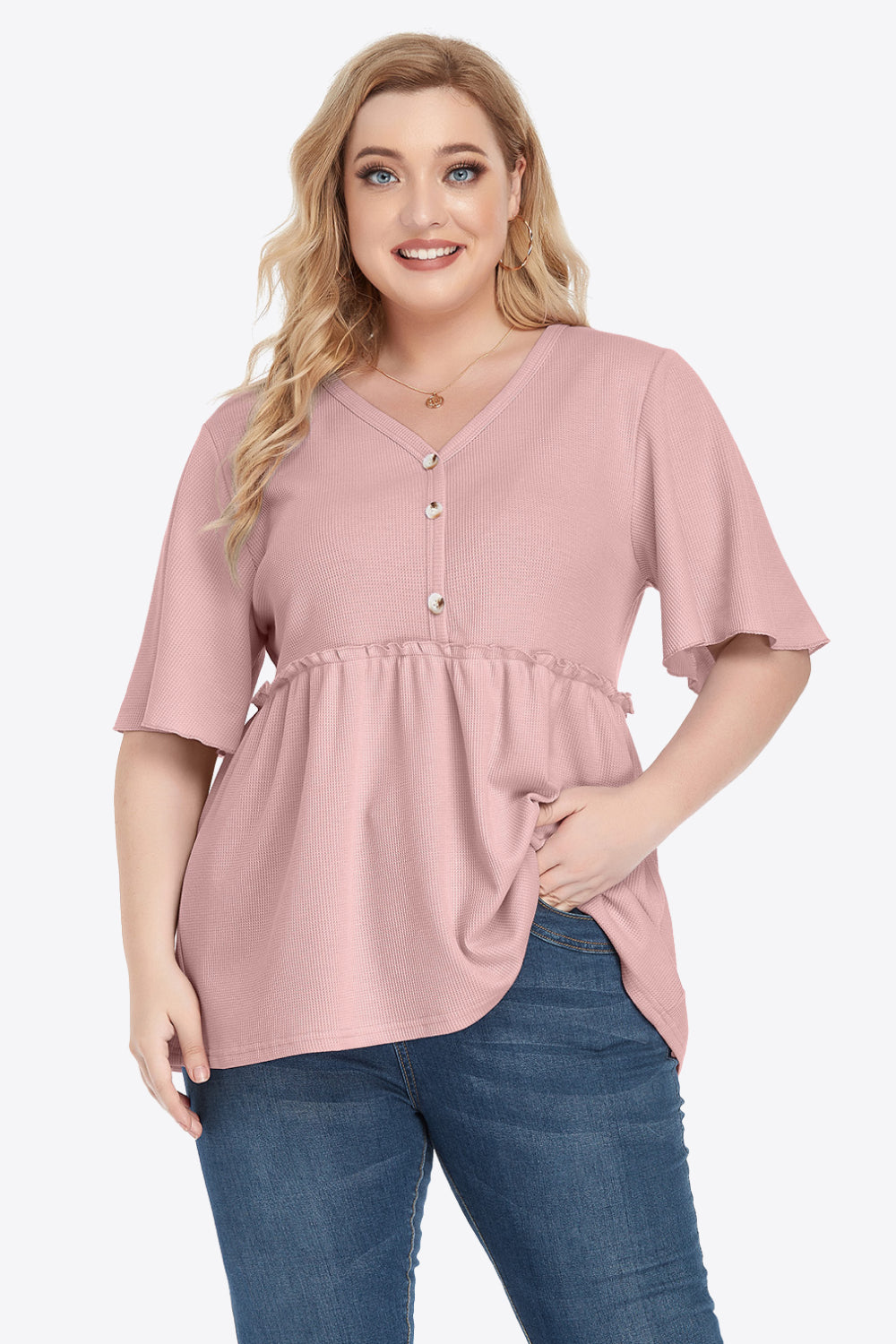 Plus Size Buttoned V-Neck Frill Trim Babydoll Blouse-Teresa&#39;s Fashionista LLC