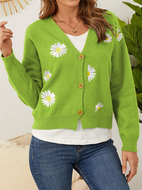 Flower Button Front Dropped Shoulder Cardigan-Teresa&#39;s Fashionista LLC