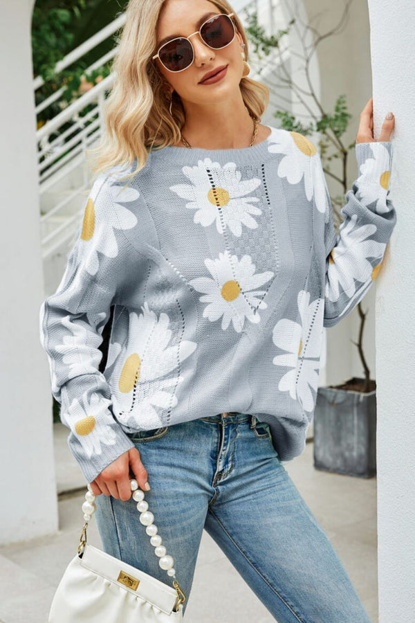 Daisy Print Openwork Round Neck Sweater-Teresa's Fashionista LLC