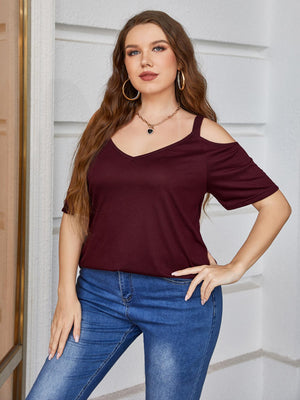 Plus Size V-Neck Cold-Shoulder Blouse-Teresa's Fashionista LLC