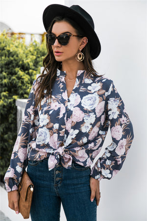 Floral Print Mock Neck Button Front Shirt-Teresa's Fashionista LLC