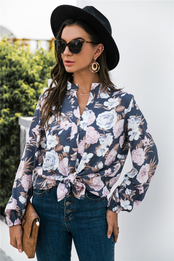 Floral Print Mock Neck Button Front Shirt-Teresa's Fashionista LLC