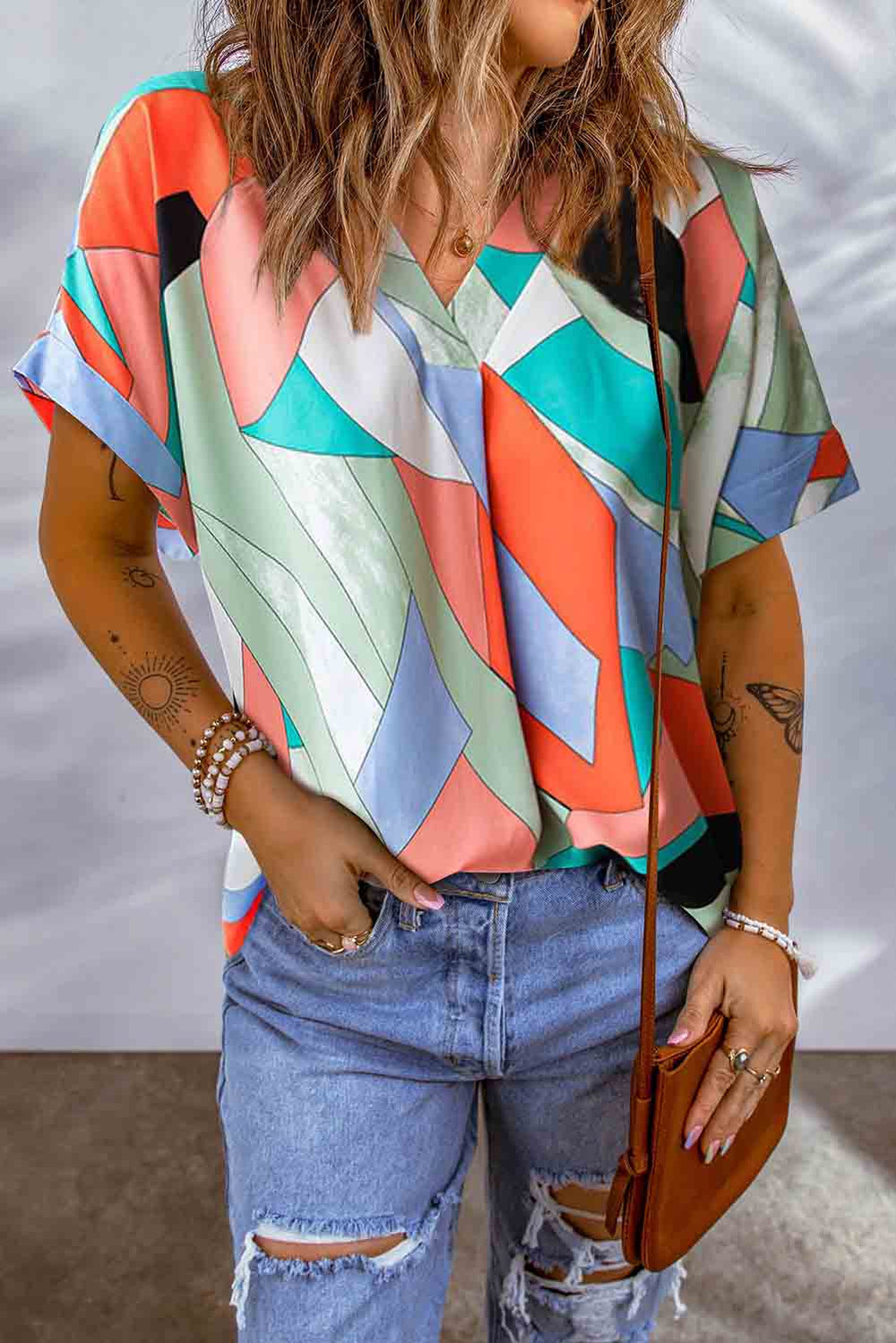 Printed V-Neck Short Sleeve Blouse-Teresa's Fashionista LLC