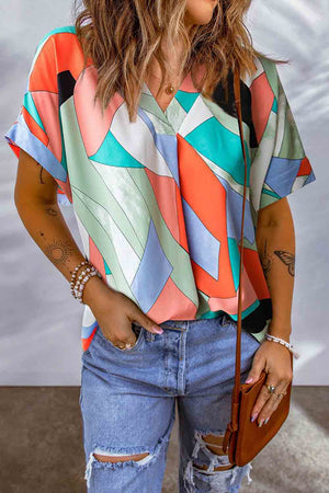 Printed V-Neck Short Sleeve Blouse-Teresa's Fashionista LLC