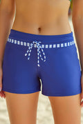 Mid waist swim bottoms with contrast drawstring, full size run.