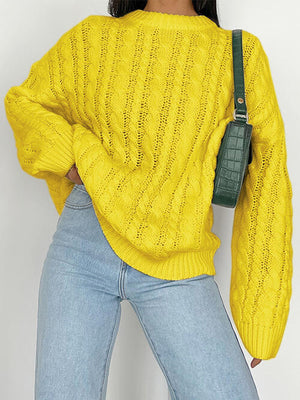 Openwork Round Sleeve Cable-Knit Sweater-Teresa's Fashionista LLC