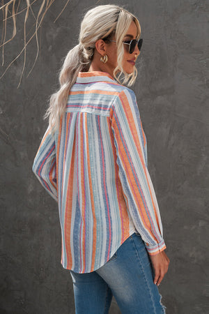 Striped Button-Up Curved Hem Shirt with Breast Pocket-Teresa's Fashionista LLC