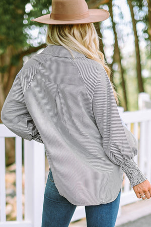 Striped Lantern Sleeve Collared Shirt-Teresa's Fashionista LLC