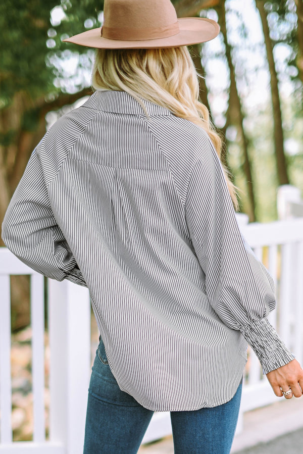 Striped Lantern Sleeve Collared Shirt-Teresa's Fashionista LLC