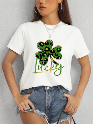 Lucky Clover Round Neck Short Sleeve T-Shirt-Teresa's Fashionista LLC