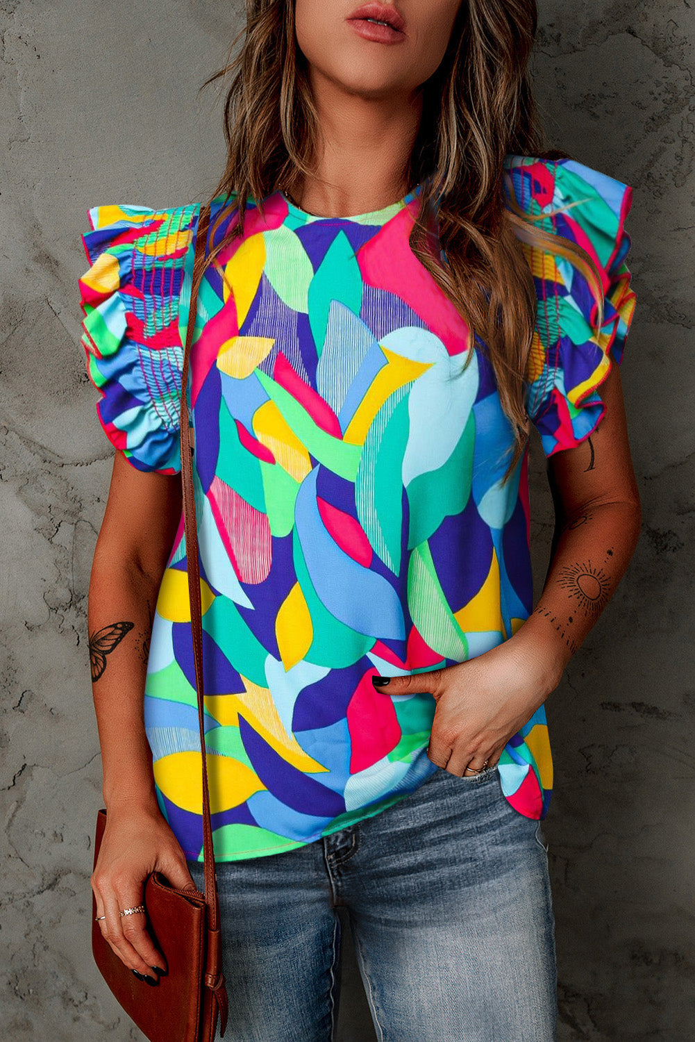 Printed Round Neck Butterfly Sleeve Top-Teresa&#39;s Fashionista LLC
