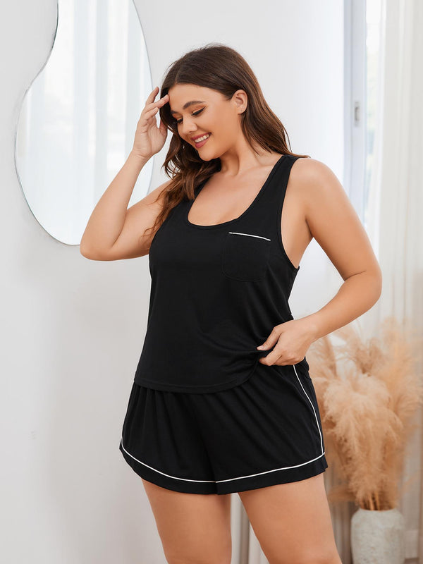 Plus Size Contrast Piping Racerback Tank and Shorts Lounge Set-Teresa's Fashionista LLC