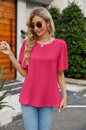 Pleated Flutter Sleeve Round Neck Blouse-Teresa's Fashionista LLC