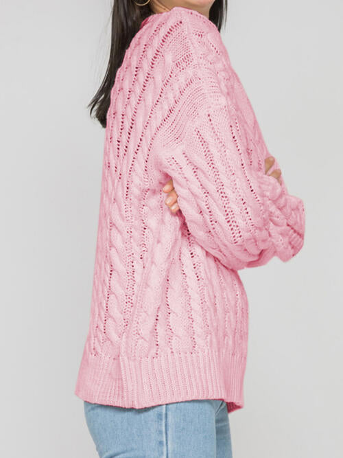 Openwork Round Sleeve Cable-Knit Sweater-Teresa&#39;s Fashionista LLC
