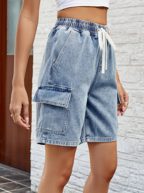 Drawstring Denim Shorts with Pockets-Teresa's Fashionista LLC