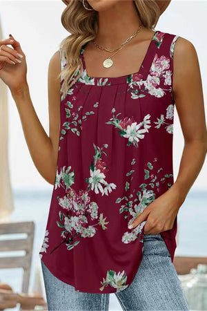 Printed Square Neck Curved Hem Tank-Teresa's Fashionista LLC