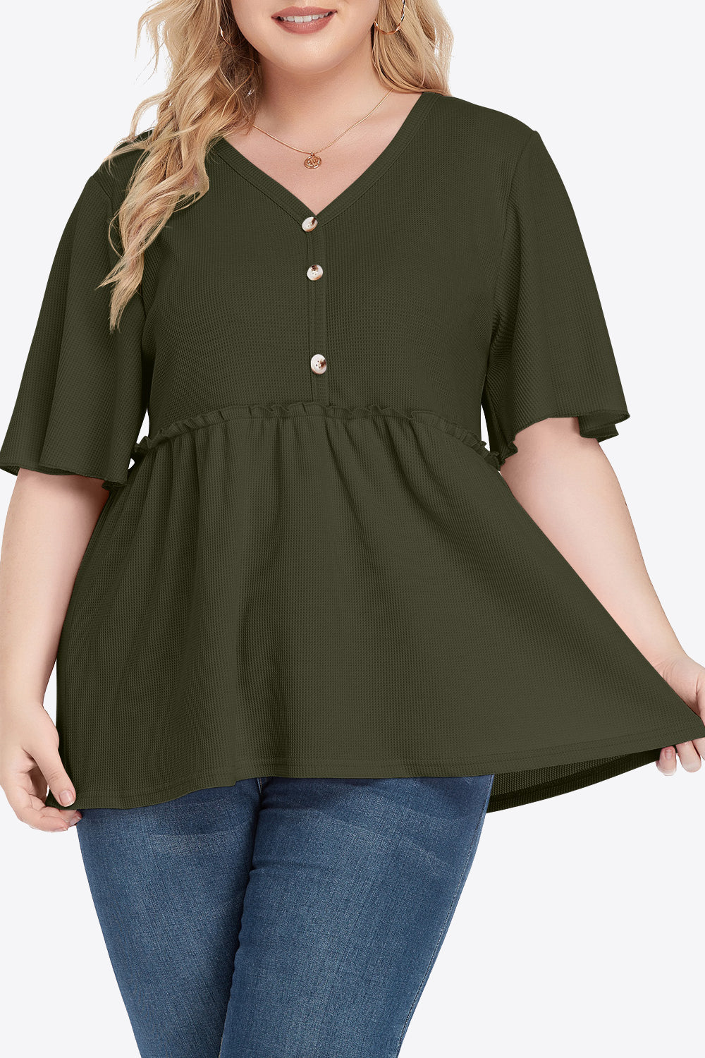 Plus Size Buttoned V-Neck Frill Trim Babydoll Blouse-Teresa&#39;s Fashionista LLC