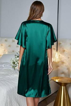 Satin Flutter Sleeve Side Slit V-Neck Night Dress-Teresa's Fashionista LLC
