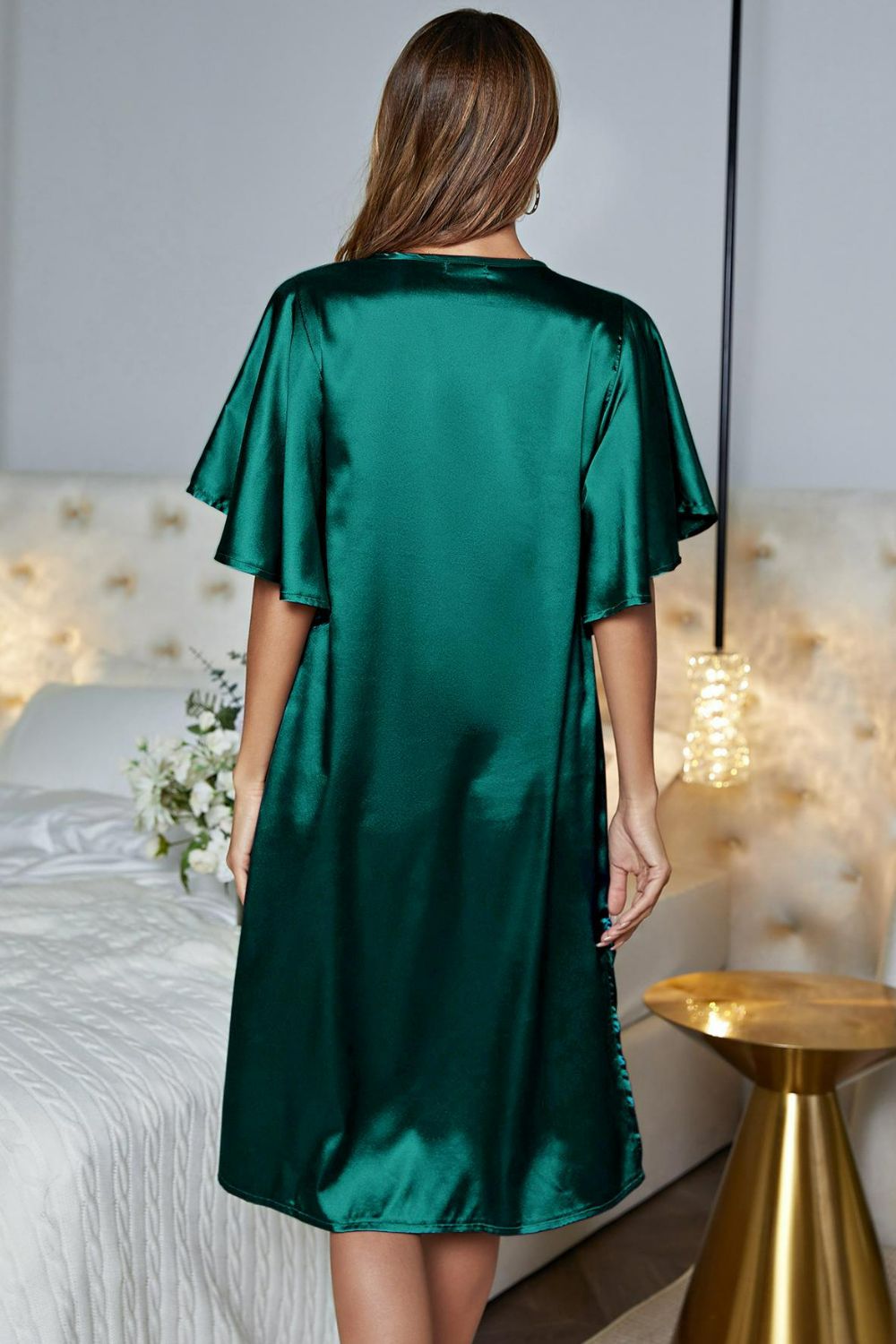 Satin Flutter Sleeve Side Slit V-Neck Night Dress-Teresa&#39;s Fashionista LLC