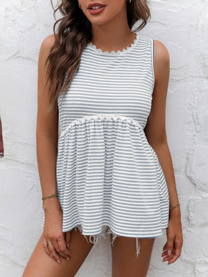 Striped Lace Trim Round Neck Tank-Teresa's Fashionista LLC