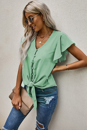 V-Neck Tie Hem Flutter Sleeve Blouse-Teresa's Fashionista LLC