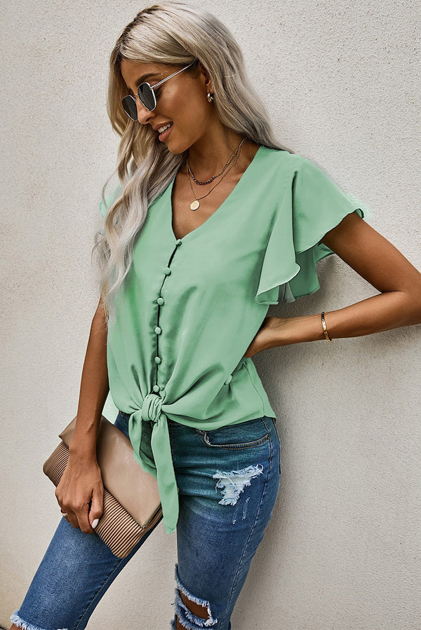 V-Neck Tie Hem Flutter Sleeve Blouse-Teresa's Fashionista LLC