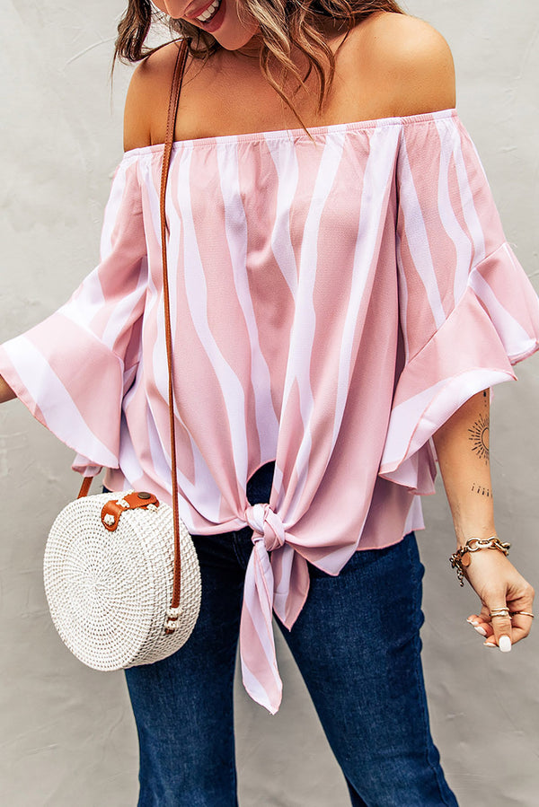 Striped Tie Front Flounce Sleeve Blouse-Teresa's Fashionista LLC