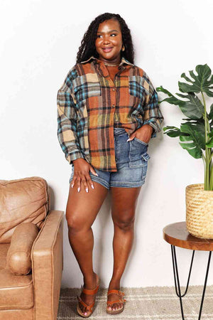 Double Take Plaid Curved Hem Shirt Jacket with Breast Pockets-Teresa's Fashionista LLC