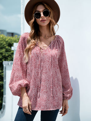 Printed Tie-Neck Balloon Sleeve Blouse-Teresa's Fashionista LLC