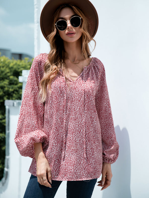 Printed Tie-Neck Balloon Sleeve Blouse-Teresa's Fashionista LLC
