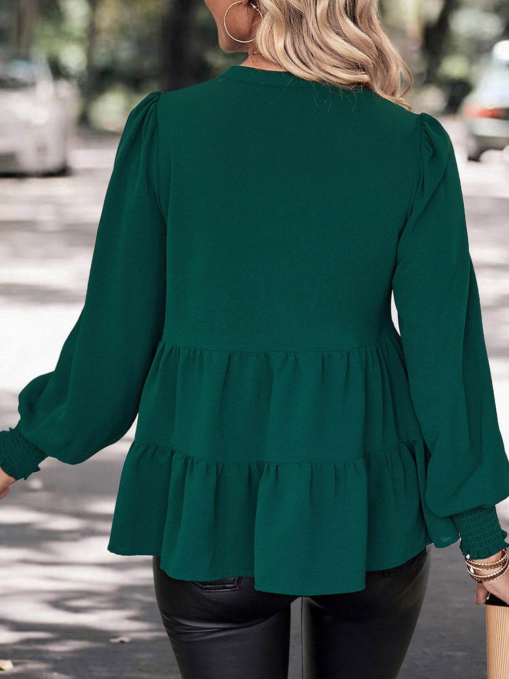 Notched Neck Lantern Sleeve Blouse-Teresa's Fashionista LLC