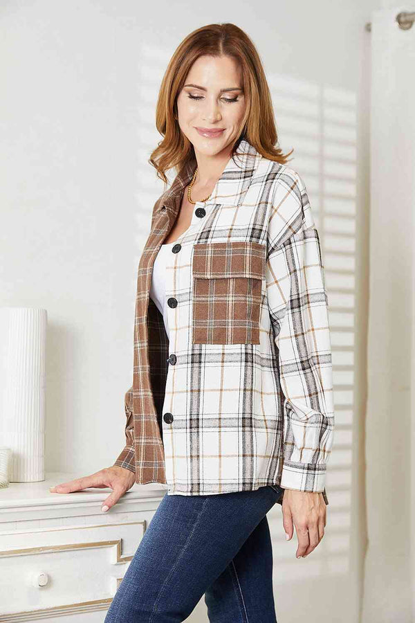 Double Take Plaid Contrast Button Up Shirt Jacket-Teresa's Fashionista LLC