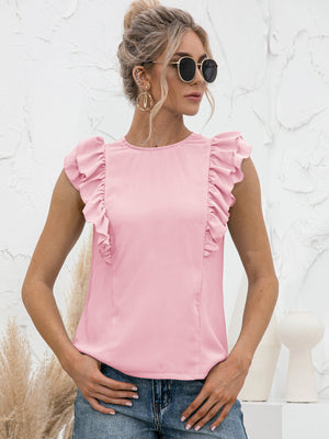 Round Neck Tied Open Back Flutter Sleeve Top-Teresa's Fashionista LLC