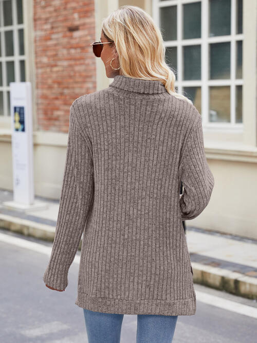Ribbed Turtleneck Long Sleeve Slit Knit Top-Teresa's Fashionista LLC