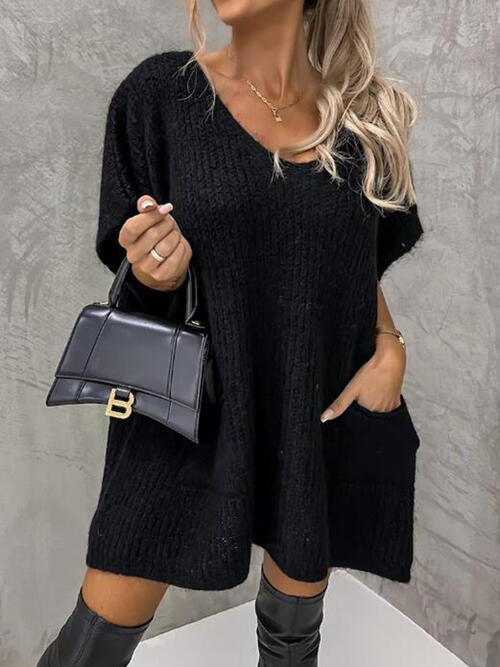 V-Neck Short Sleeve Sweater with Pockets-Teresa's Fashionista LLC