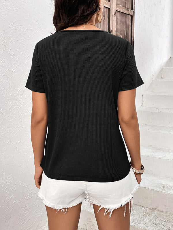 Lace Trim Contrast Waffle-Knit Top-Teresa's Fashionista LLC