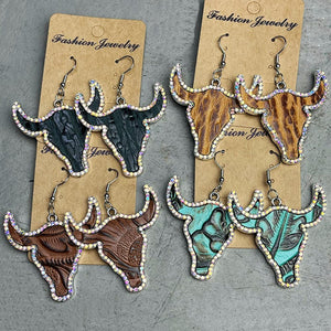 Rhinestone Trim Alloy Bull Earrings-Teresa's Fashionista LLC