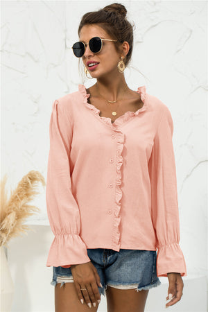 Frill Trim V-Neck Flounce Sleeve Shirt-Teresa's Fashionista LLC
