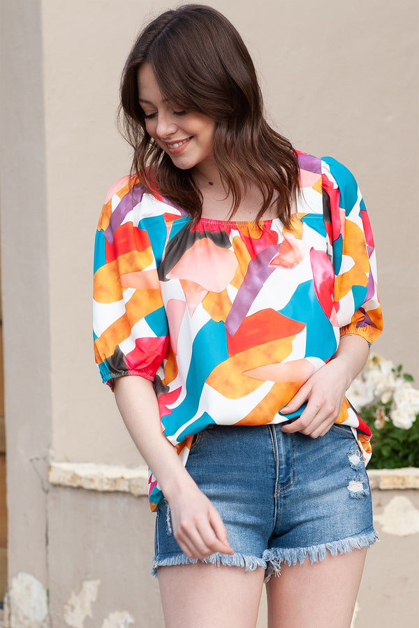 Printed Square Neck Half Sleeve Top-Teresa's Fashionista LLC