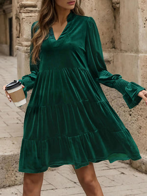 Notched Long Sleeve Tiered Dress-Teresa's Fashionista LLC