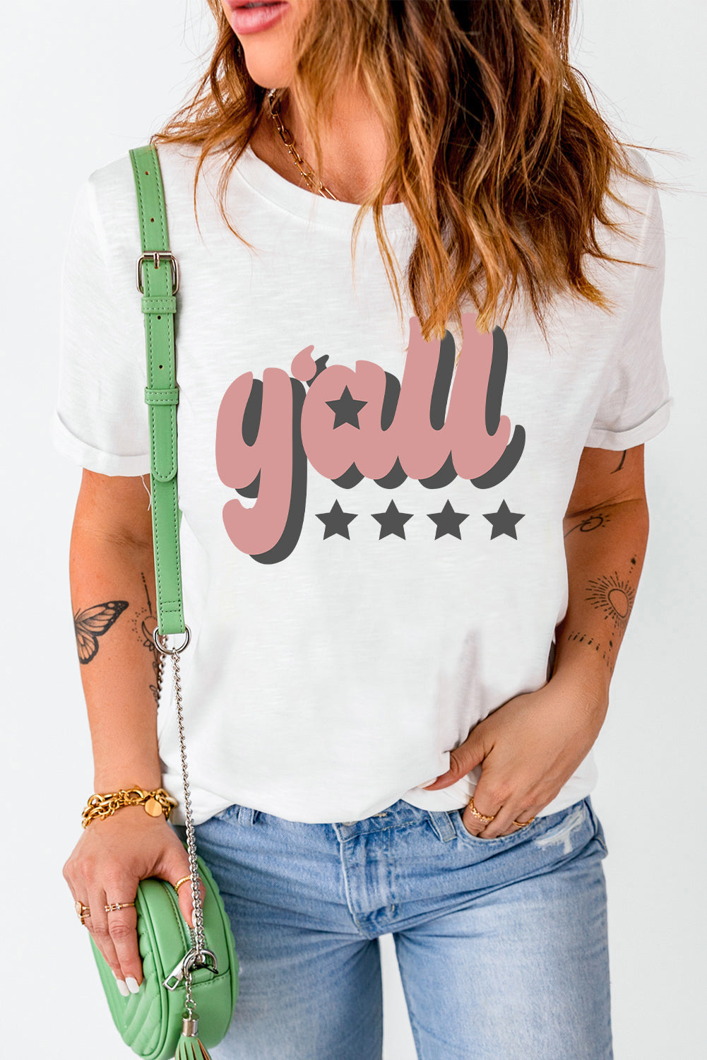 Y'ALL graphic round neck tee with short sleeves and casual style.