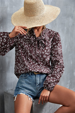 Printed Tie Neck Puff Sleeve Blouse-Teresa's Fashionista LLC