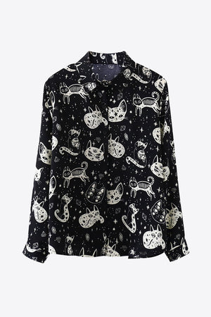 Cat Print Button-Up Shirt-Teresa's Fashionista LLC